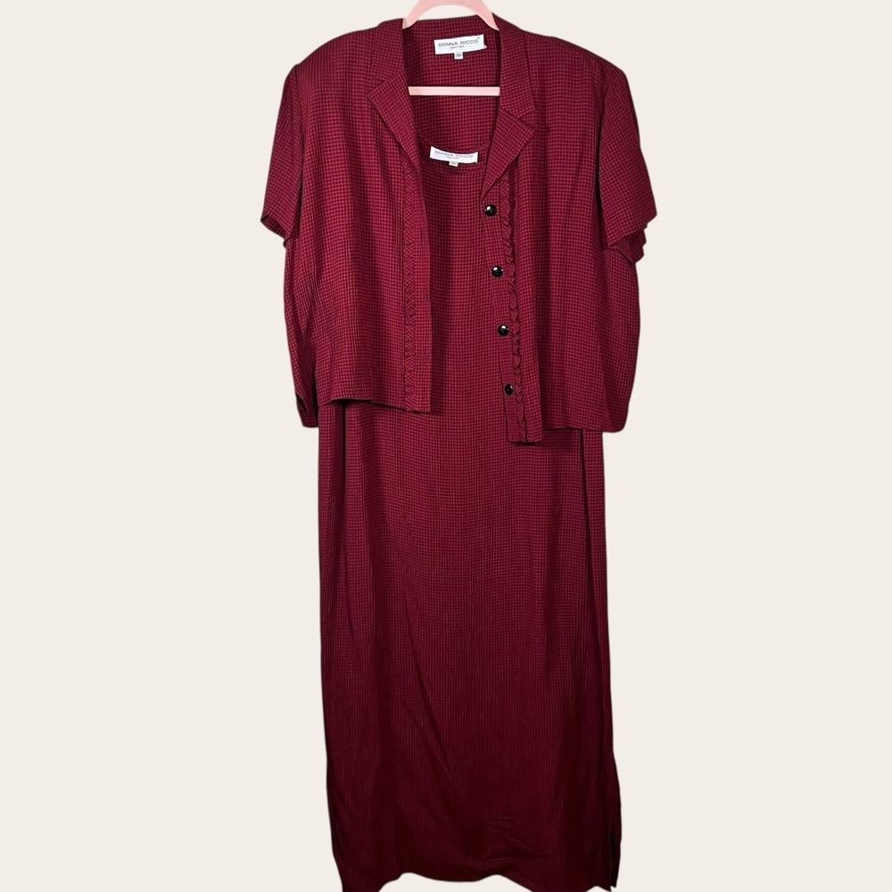 Vintage 90s Donna Ricco Red Black Gingham 2 Pc Maxi Dress & Button Jacket Sz 16